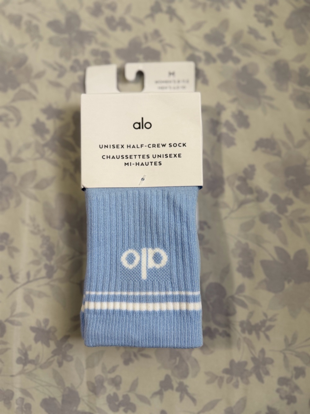 ALO Yoga Light Blue Half-Crew Socks with White Logo & Stripes